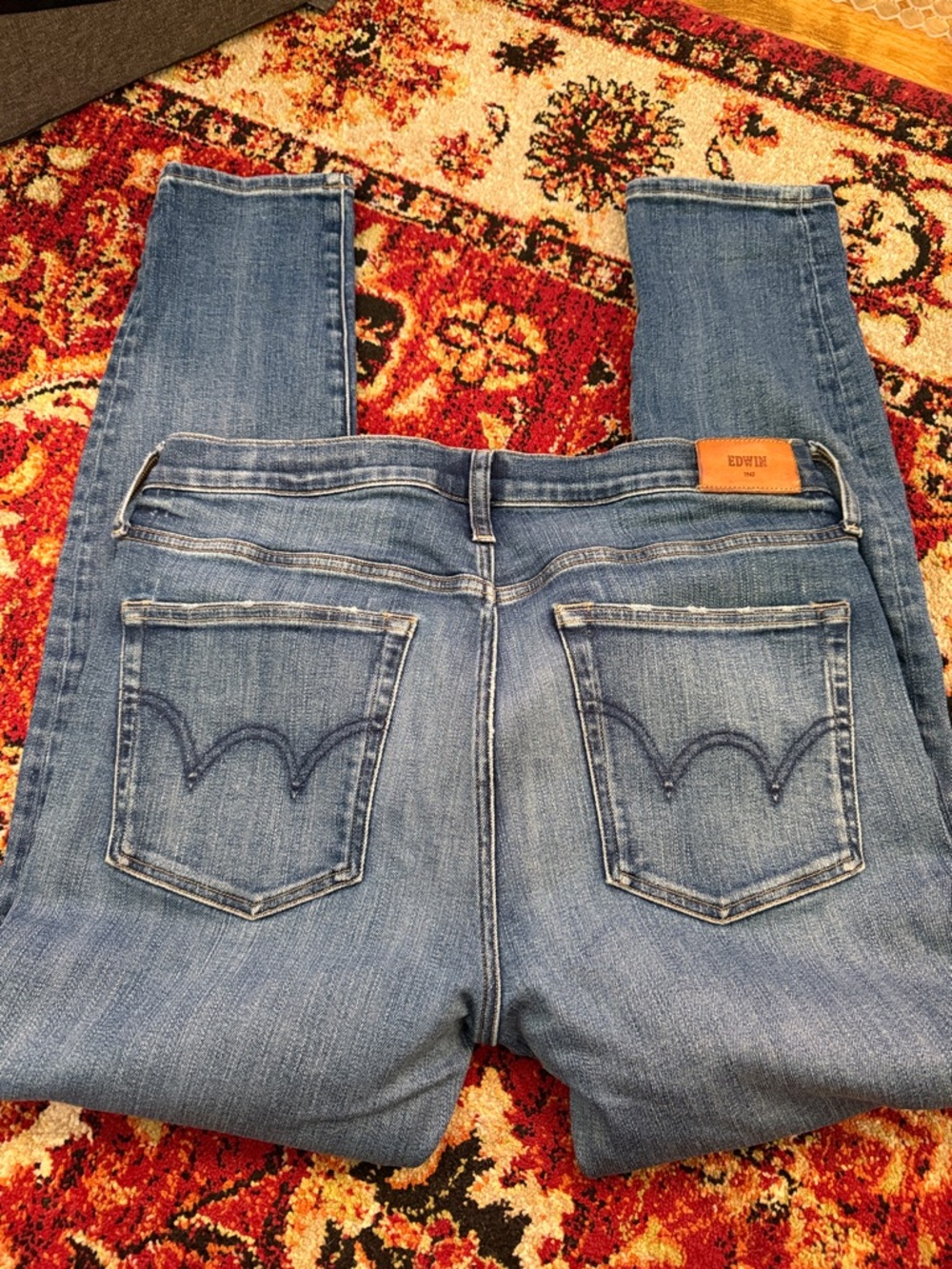 Edwin Women's Blue Straight Leg Jeans with Back Pocket Stitching